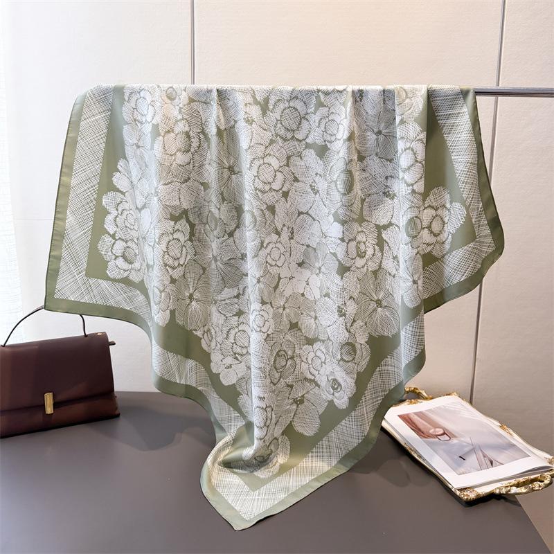 90Cm Luxury Design Floral Printed Women'S Silk Twill Stain Bandana Shawl Large Square Collar Fashion Female Handkerchief Foulard
