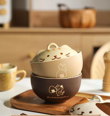 Cat Ceramic Bowl  with Large Capacity Cover Personality Home Soup Bowl Student Noodle Bowl with Lid Japanese Cute Cutlery 550ML