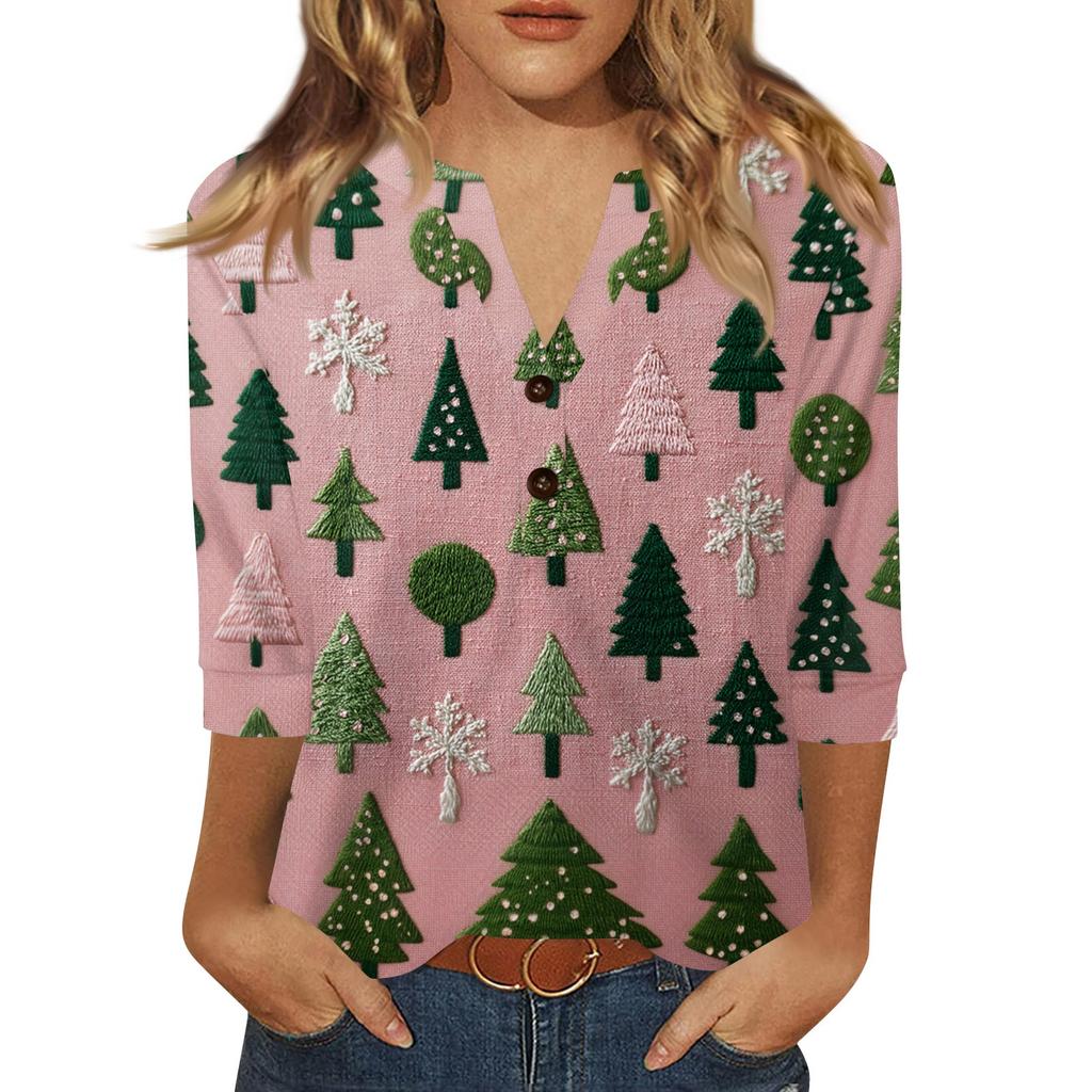 Women's T Shirt Print Button 3/4 Sleeve Daily Weekend Fashion Basic V- Neck Regular Top