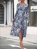 Women's Collar Long Sleeve Abstract Print Midi Dress High Waist Belted Shirt Dress
