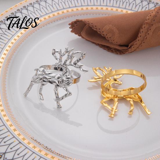Formal Dinner Table Decor Christmas Deer Napkin Ring, Faceted Metal Elk Holder, Reusable Silver Ring for Xmas Holiday Wedding Receptions Dining