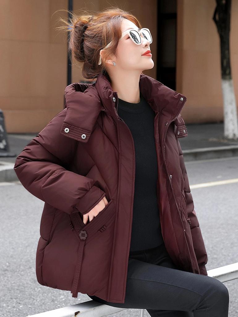 Women’s Short Hooded Windproof Thicken Warm Winter Jacket With Raglan Sleeves