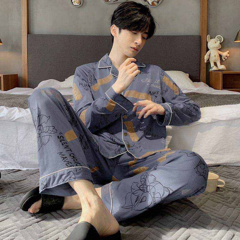 Men Pajamas Cotton Long-sleeved Summer Section of The Teenagers Imitation Cotton Home Wear Suit  Grey Plaid Pajamas