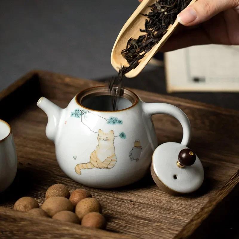 280ml Tetera de Cerámica Tradicional Kiln Ru Hecha a Mano Tetera con Dibujo de Gato Lindo Tetera Portátil de Viaje Tetera con Filtro Juego de Té para el Hogar Vajilla