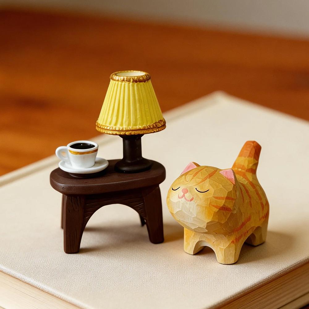 Cute Cat Animals Figurine Decorative Wooden Ornament Miniature Kitten Coffee Home Bedroom Office Desk Decoration Gift Statue