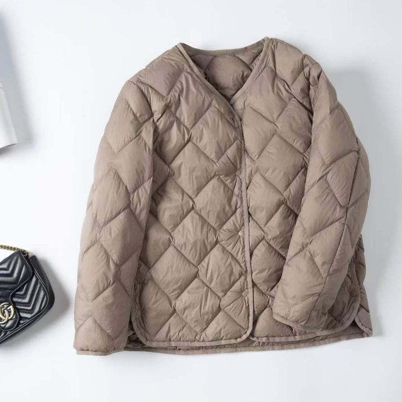 Clothing Autumn and winter rhombus round neck collarless light down jacket women's white duck down liner with casual jacket