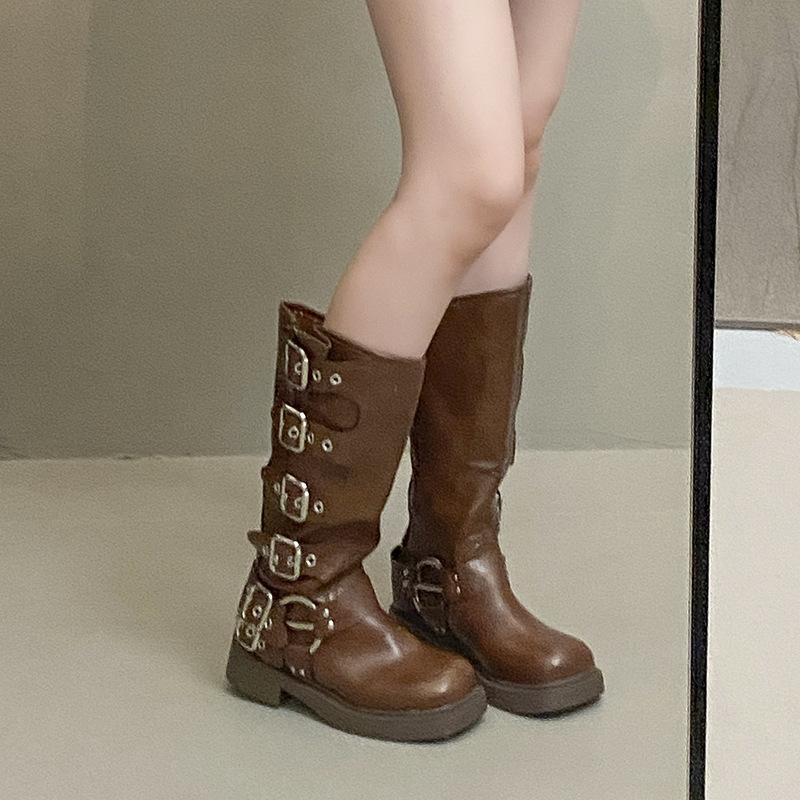 Brown Martin Boots Women's 2025 New Retro Small Boots Western Leather Shoes with Skirt Belt Buckle Knight Boots