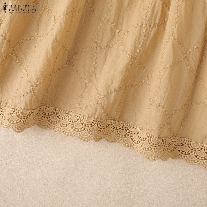 ZANZEA Women Crochet Patchwork Casual Round Neck Loose Long Sleeve Blouse