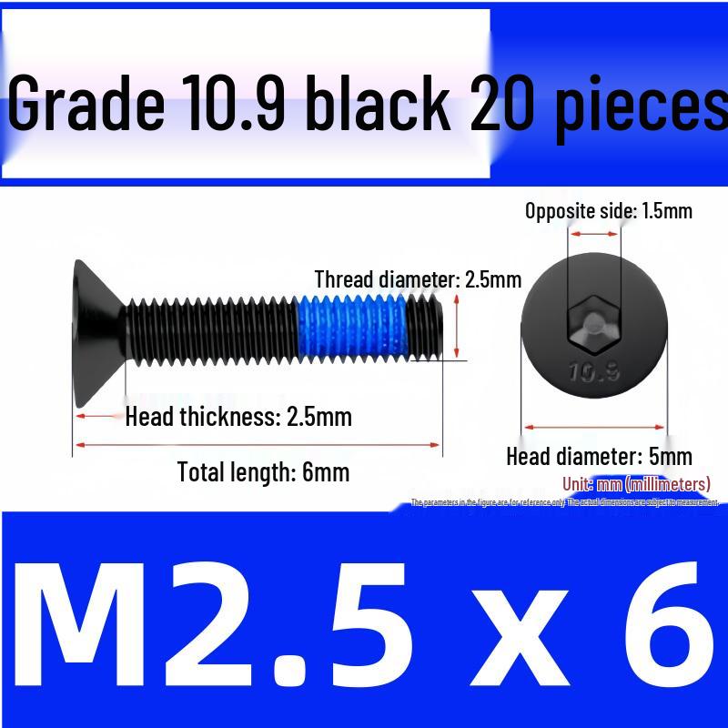 Black Anti-Slip Flat Cup Screw with Adhesive Blue Glue, Countersunk Hexagon Socket, Available in M2-M8 Sizes