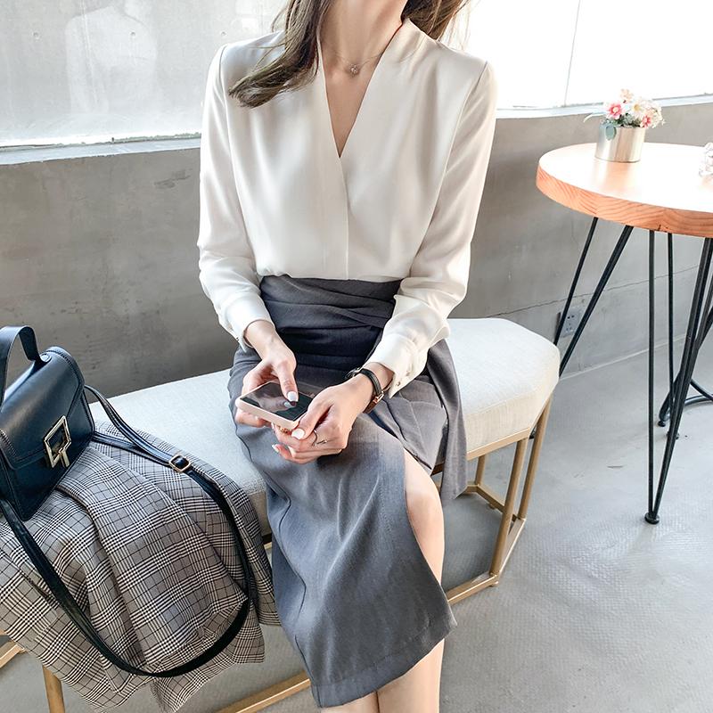 Fashion 2025 Spring Blouses Shirts Long Sleeve V-Neck Office Lady White Chiffon Blouse Shirt Women Tops J755