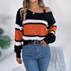 Casual Autumn Winter Color Block Striped Off Shoulder Lantern Sleeve Pullover Sweater For Women