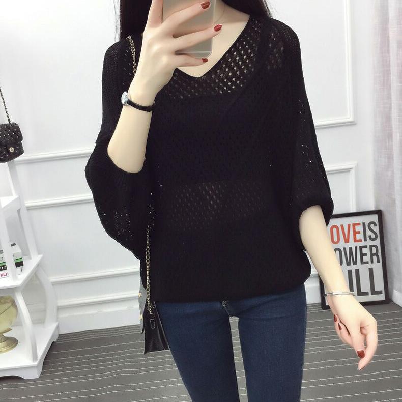 Pulover cu decolteu în V cu secțiune subțire Pulover din tricot Topuri pentru femei Dimensiune mare Pulover cu schelet cu mâneci de șapte minute Cămașă lejeră pentru femei