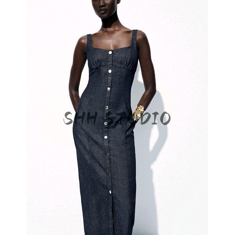 Summer New Product Women's Clothes Breasted Decorative round Neck Sleeveless Wide Shoulder Strap Denim Midi Skirt Dress 0779055