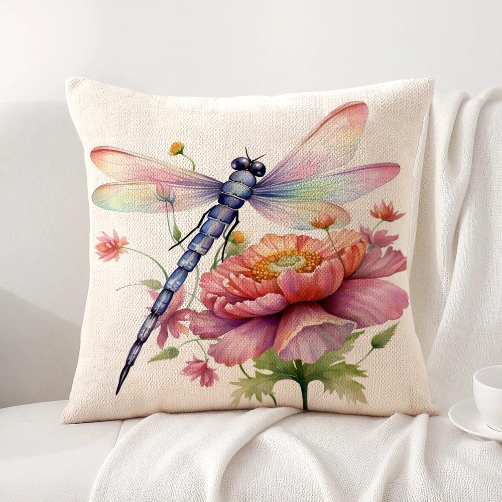 Watercolor Dragonflyflower Cushion Cover Natural Linen Organic Fabric DoubleSided Printing Sofa Home Decor Gift Pillow Cover