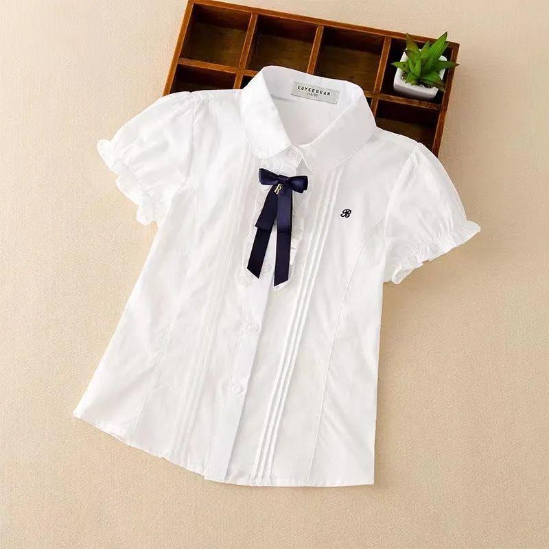Girls Cotton Blouse Short Puff Sleeve White Shirt With Bow Kids School Uniform Top For Little Girls