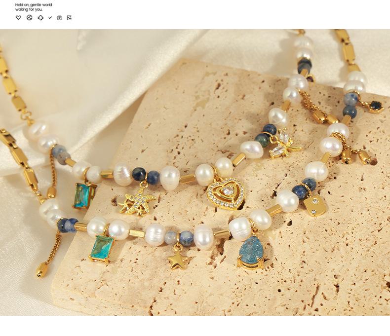 European-American Court Style Gold-Plated Titanium Necklace with Freshwater Pearls & Natural Stone Beads