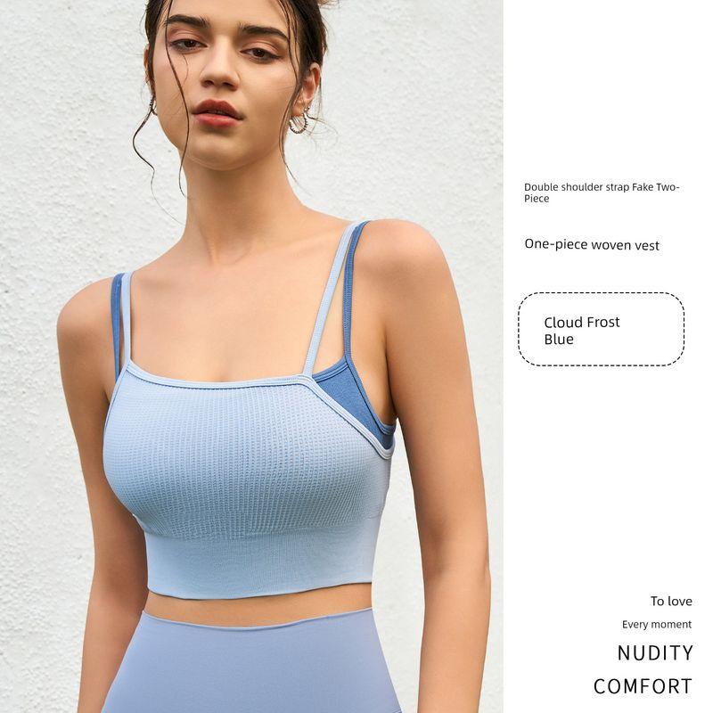 

2025 New Arrival with Chest Pad Fake Two-Piece Contrast Color Can Outwear Yoga Beauty Back Intimates Sports Bra Double-Shoulder Strap High Elastic L Cloud Frost Blue