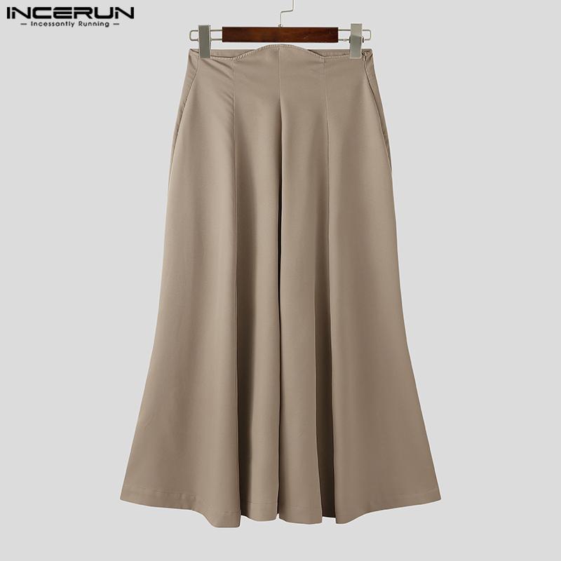 INCERUN Men Zipper Up Asymmetry High Waist Casual Long Wide Legs Pants Trousers