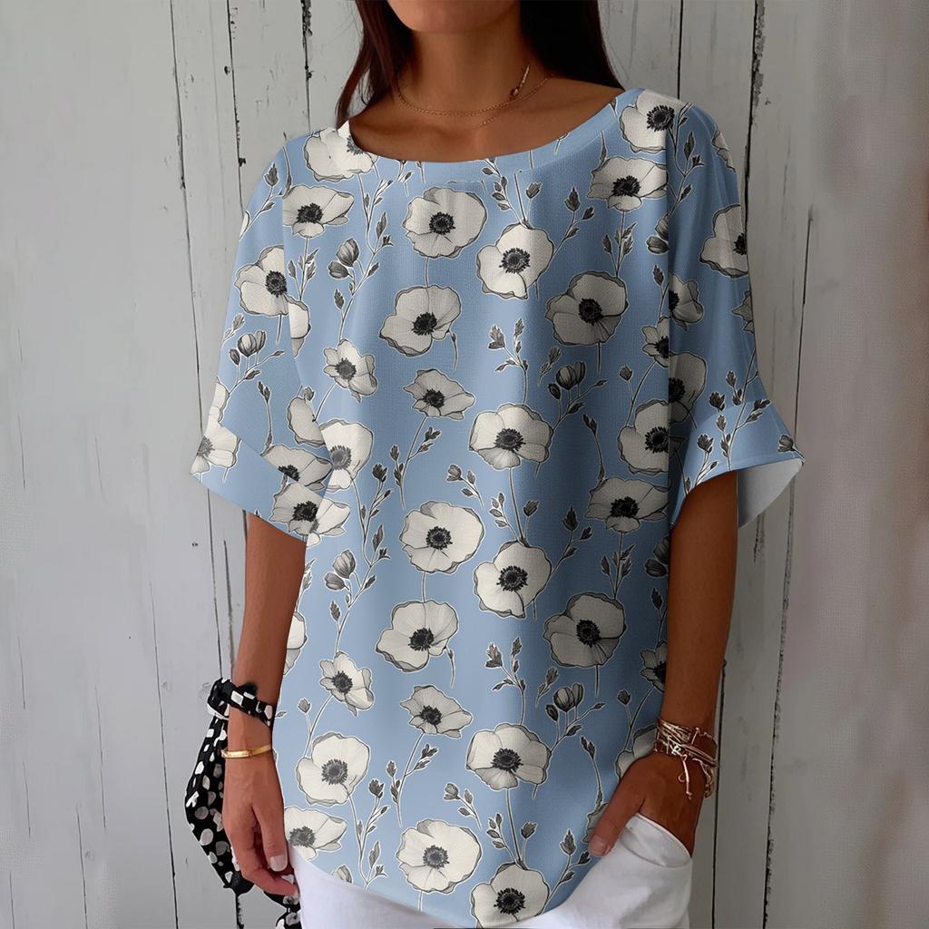 Women's Fashionable Casual Round Neck Printed Top Loose Top Printed Top Loose Top