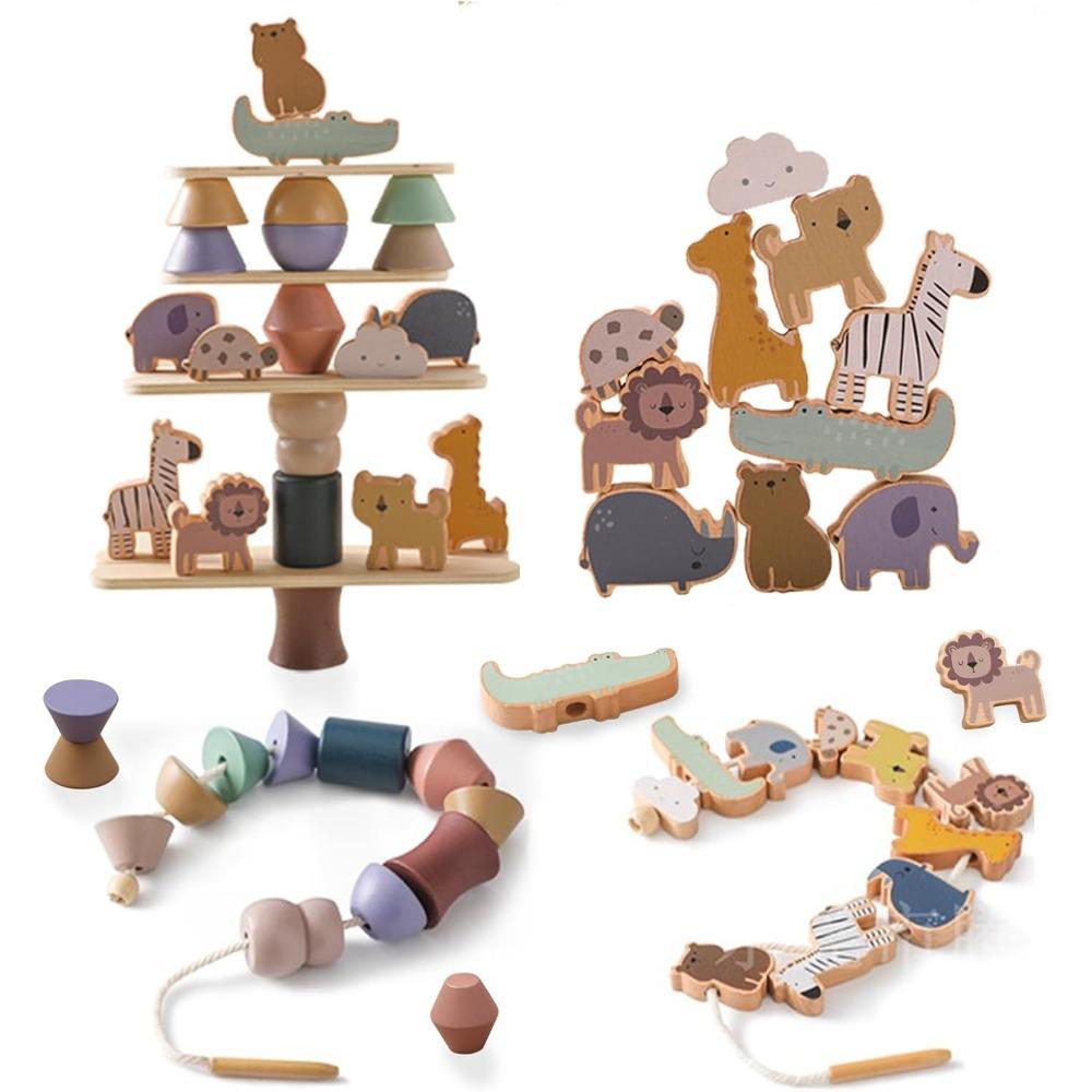 Wooden Animals Threading Toy, Lacing Beads for Toddlers Stacking Blocks Balance Toy, Montessori Educational Toy for Boys & Girls
