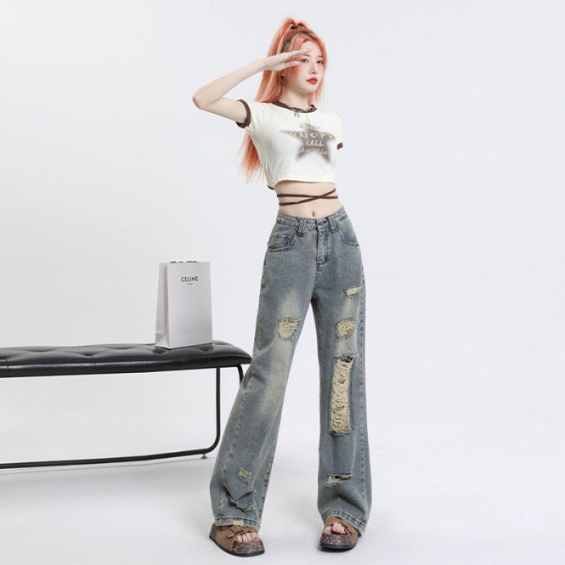 High Waist Ripped Wide Leg Jeans for Women - Trendy Slimming Fit Small