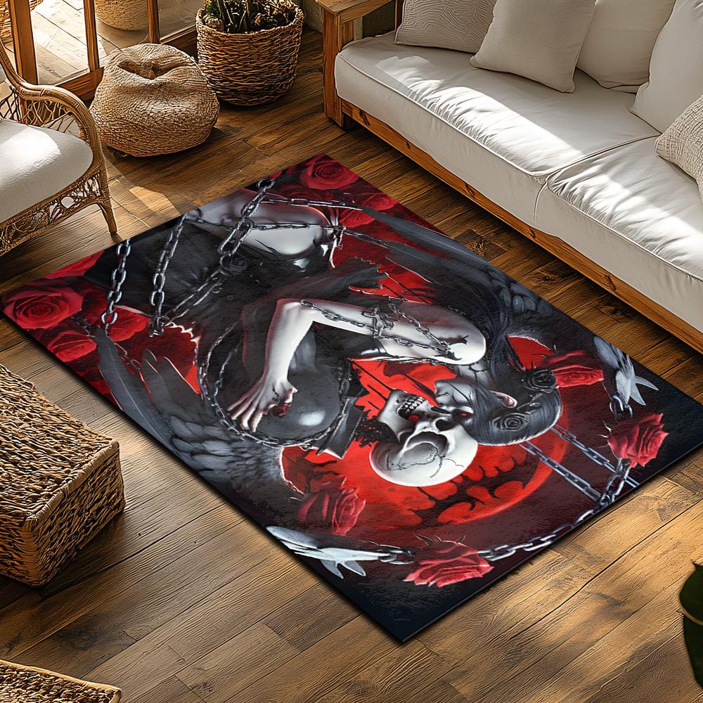 Gothic Couple Art Rug, Black White Red Rose Tattoo Carpet, Bohemian Living Room Mat with Chain Motif, Dark Romantic Decor