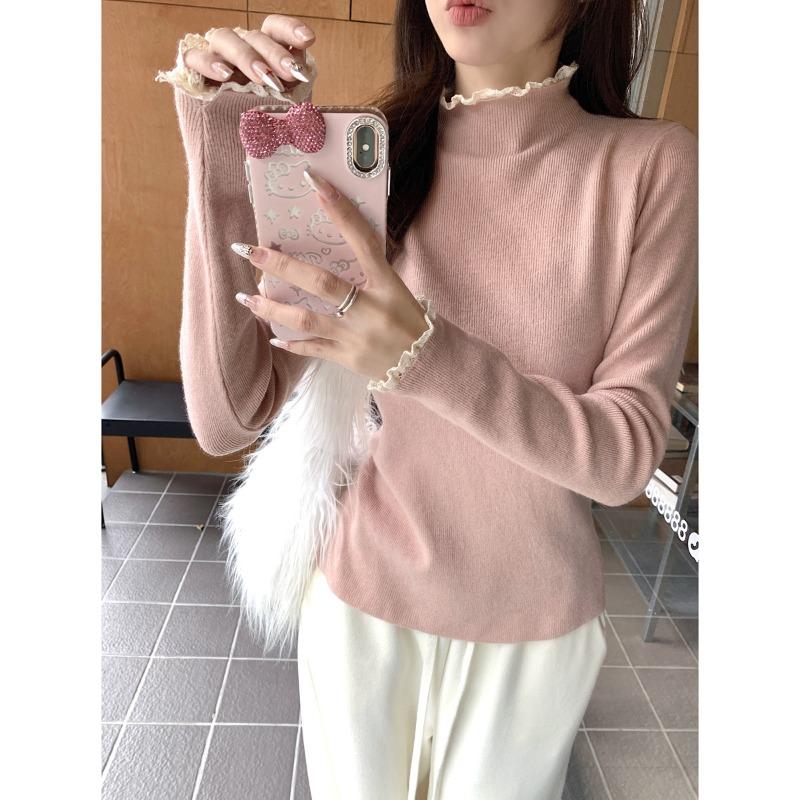 Spring chic lace semi-turtleneck knitted sweater women's age-reducing top versatile bottoming shirt
