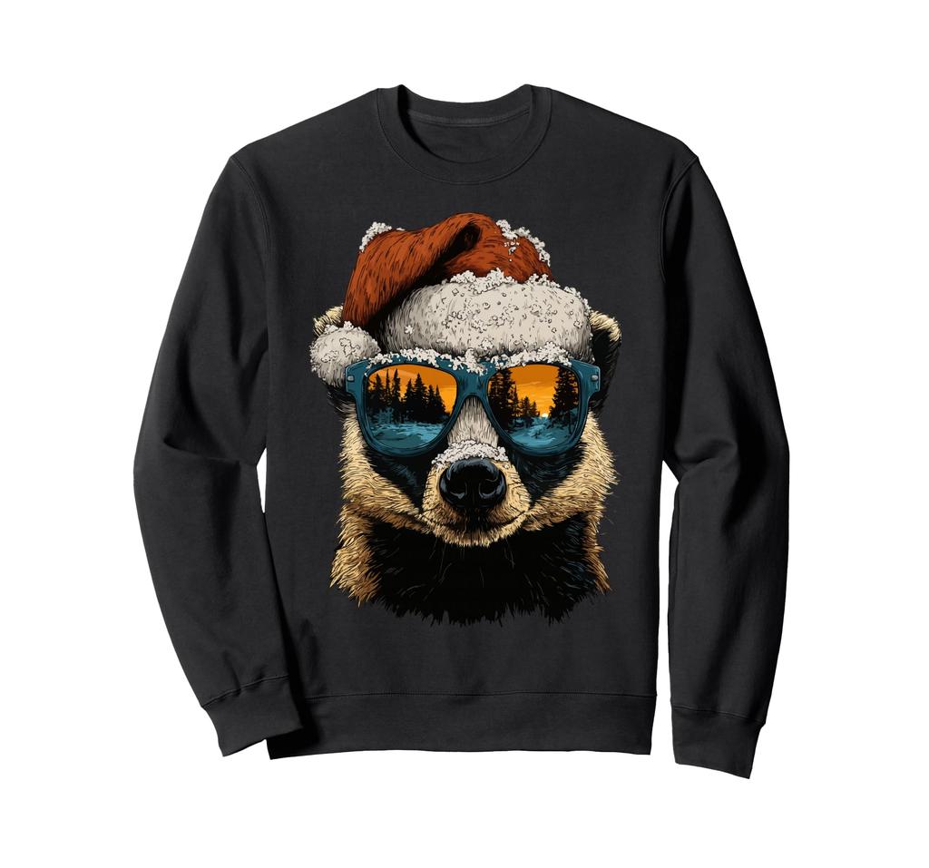 Badger with sunglasses, snow, Santa hat, snowy Christmas, animal, sweatshirt