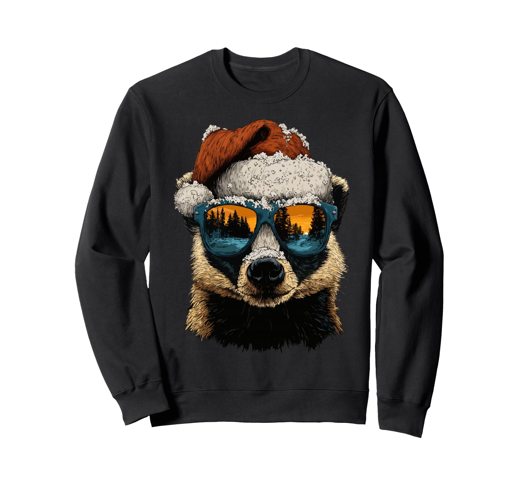 

Badger with sunglasses, snow, Santa hat, snowy Christmas, animal, sweatshirt