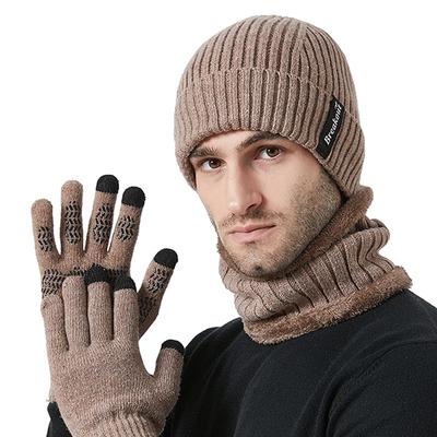 Üç Parçalı Şapka Seti Kış Örgü Şapka Takımı Atkı Eldiven Erkek Binicilik Kaymaz Kalın Sıcak Kollu Şapka