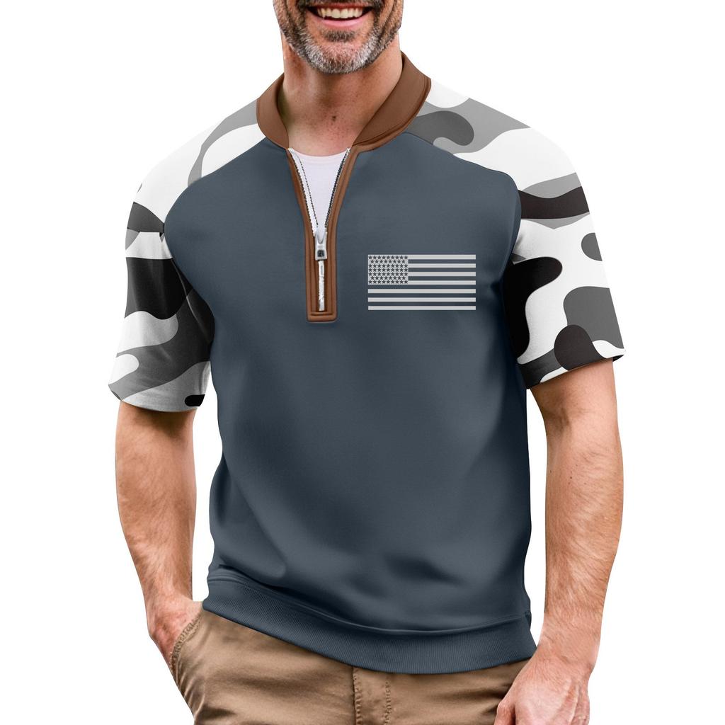 Men's Summer Camouflage Raglan Sleeve Casual T-Shirt Sports Flag Printed Zipper Neck Top