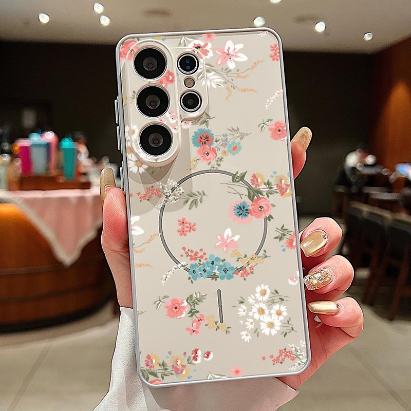 

Чехол с розовым цветочным узором для Samsung Galaxy S26 Ultra S25 Edge S24 Plus S23 FE S22 A54 A55 A56 5G, магнитный, для MagSafe, матовый. Samsung S25 серый