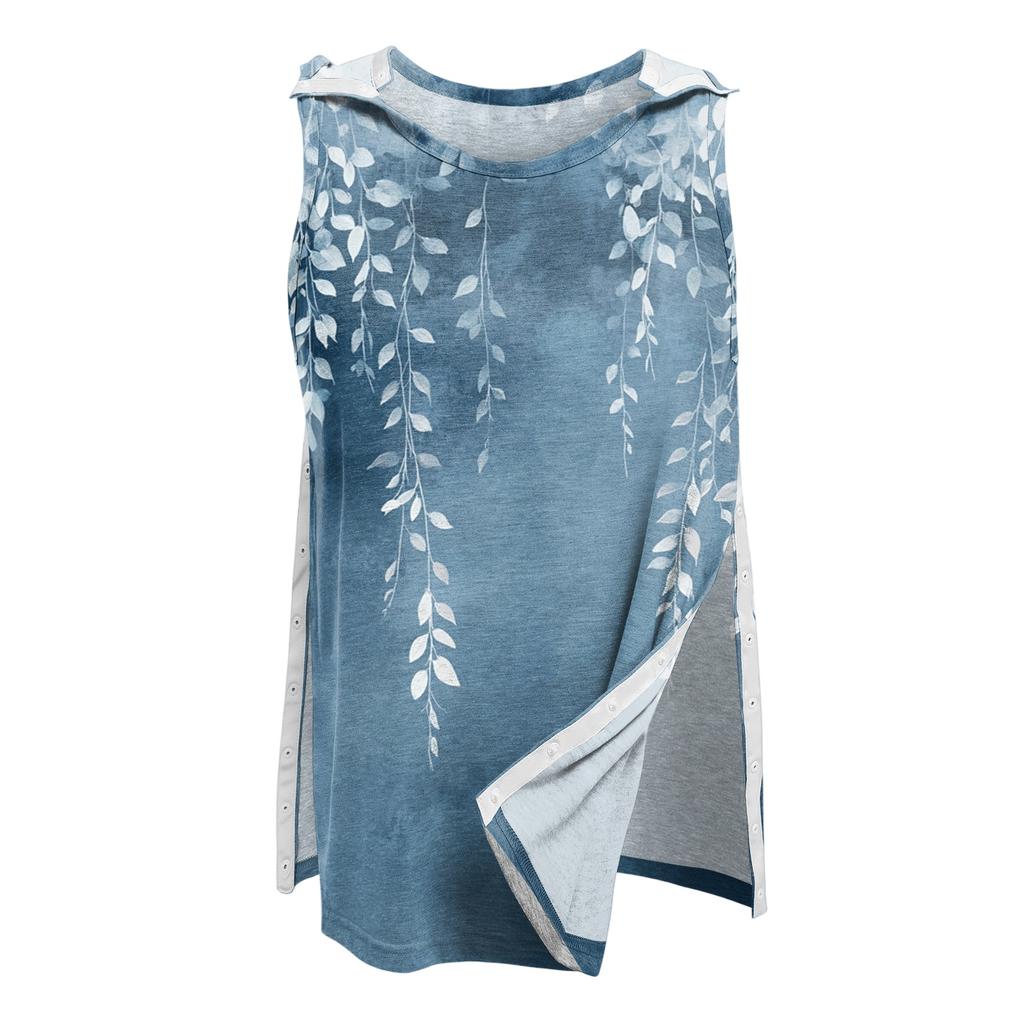Women Post Shoulder Surgery Shirt Sleeveless Floral Print Top One Shoulder Snap Button Opening Medical Recovery Blouse