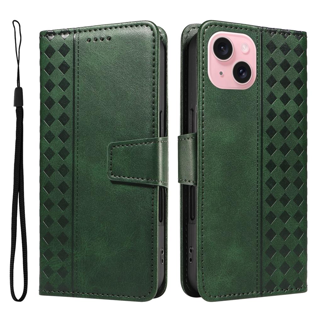 For iPhone 15 Leather Case Wallet Stand Grids Imprinted Phone Cover with Strap