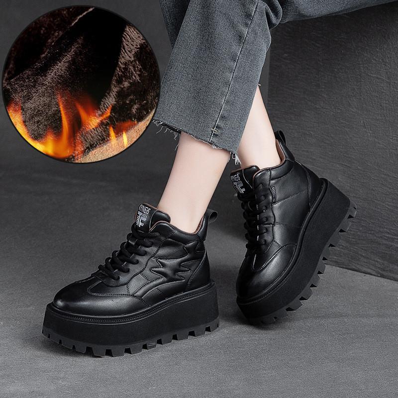 Fashion GKTINOO Loafers for Women 7cm Retro Genuine Leather Ankle Boots British Autumn Winter Plush Moccasins Rubber Soled Flats Shoes