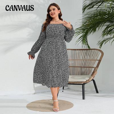 Frühlings-Damenkleid, Übergröße, Langarmkleid, Blumenmuster, elastische Taille, elegantes langes Kleid, Rüschenärmelkleid