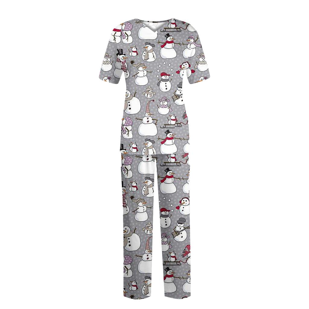 Women's Fashion Print Short Sleeve V Neck Pattern Tops Pocket Working Set