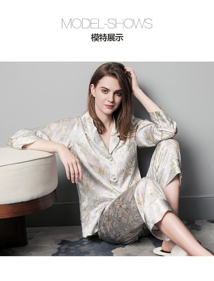 19mm 100% mulberry silk printed lapel long sleeved silk sleepwear comfortable home wear for women