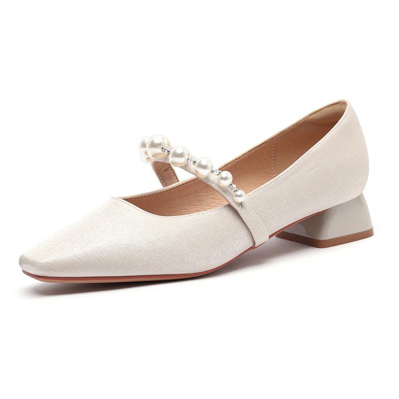 Fu Size, Thick Heel Single Shoes Women's New Spring Shoes Pearl Belt Belt Satin Square Head Low Heel Casual Women's Shoes
