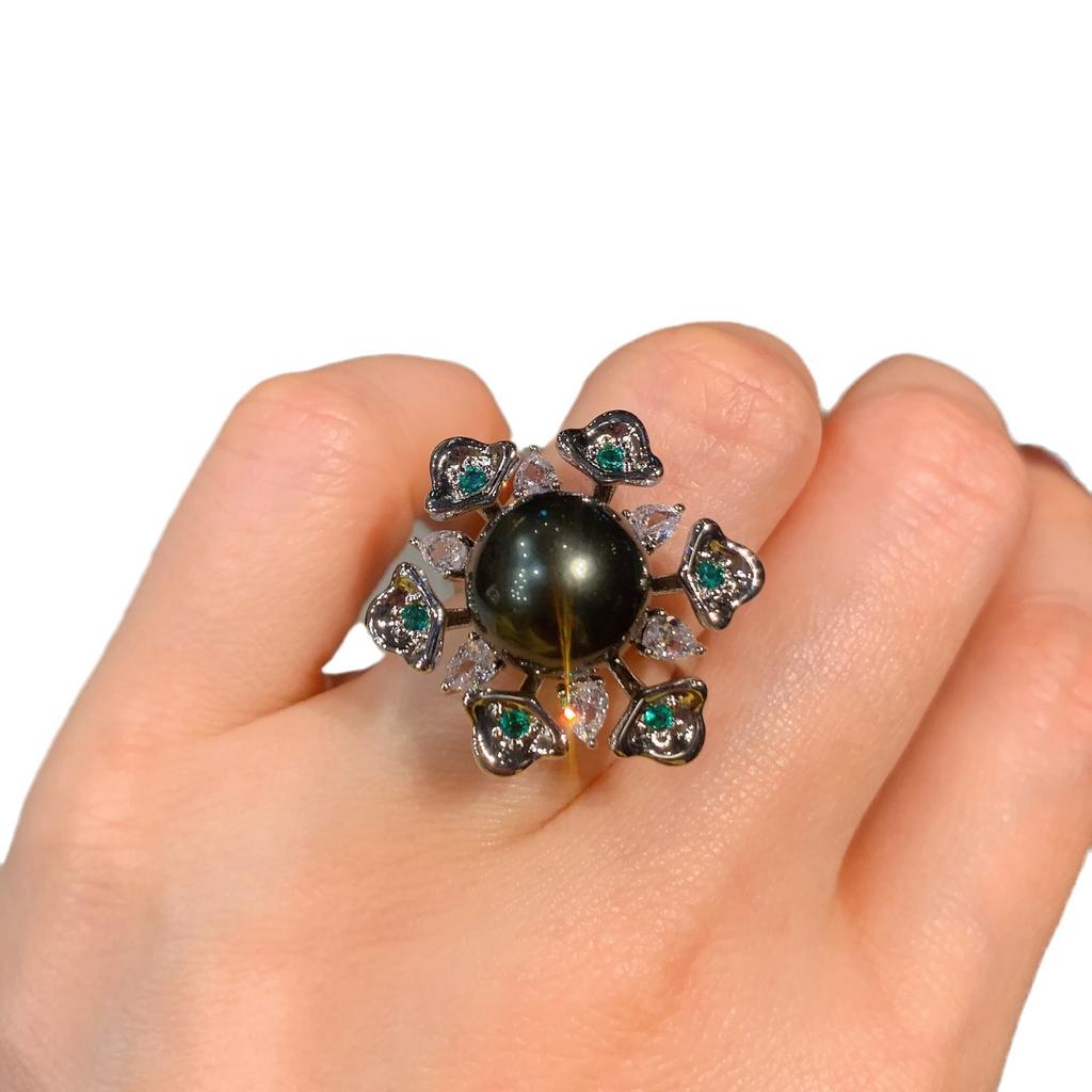 Tiktok Cross-border Australian Fritillary Pearl Micro Inlaid Green Ring Fashion Adjustable
