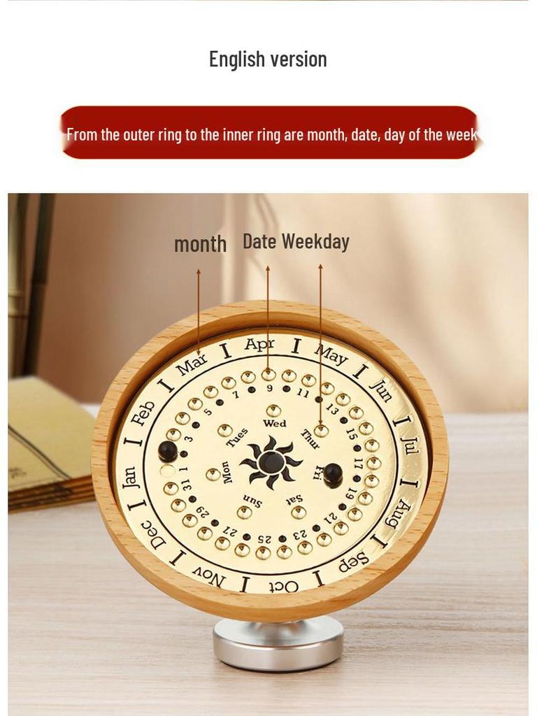 Adjustable Wooden Sundial Perpetual Calendar, Desktop Ornament and Timer for Home or Office Decor