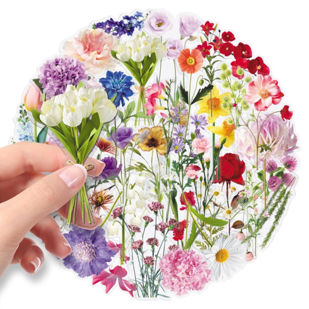 50 Sheets Realistic Floral Stickers: Transparent, Waterproof PET Flowers & Plants for DIY Journals
