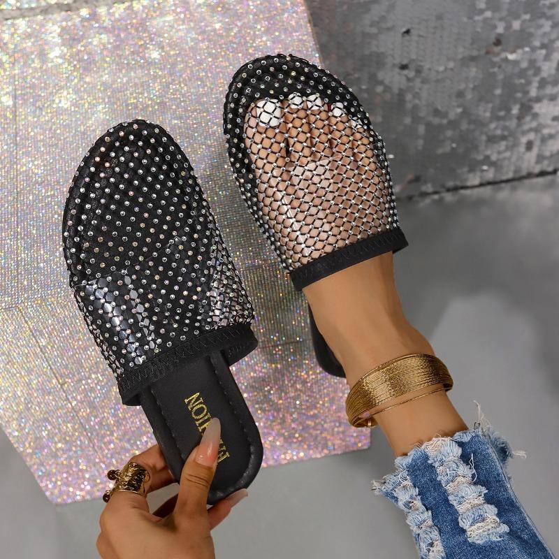 Women's Rhinestone Mesh Mules Sparkly Slip-On Flat Sandals with Fashion Insole