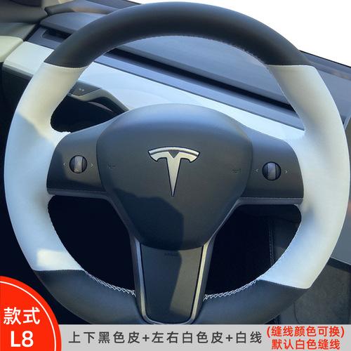Hand Stitched black white Genuine Leather suede car Steering Wheel Cover For Tesla Model 3 2015-2021 Model Y 2019-2021