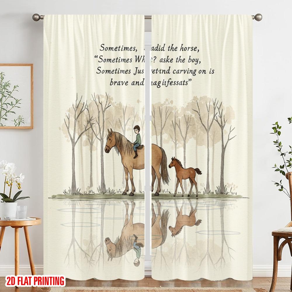2 st 2D plattryck Fönsterdraperier Ridande häst Skog 100% Polyester Utan elektricitet Festdekorationer för Mångsidig användning