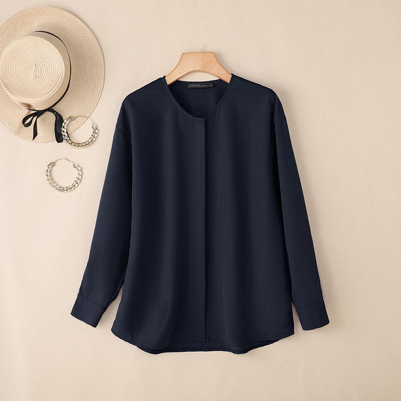 ZANZEA Women Casual Round Neck Loose Long Sleeve Button Blouse