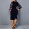 Damen O-Ausschnitt, 3/4-Ärmel, transparentes Patchwork, glänzende Pailletten, figurbetontes, knielanges Kleid