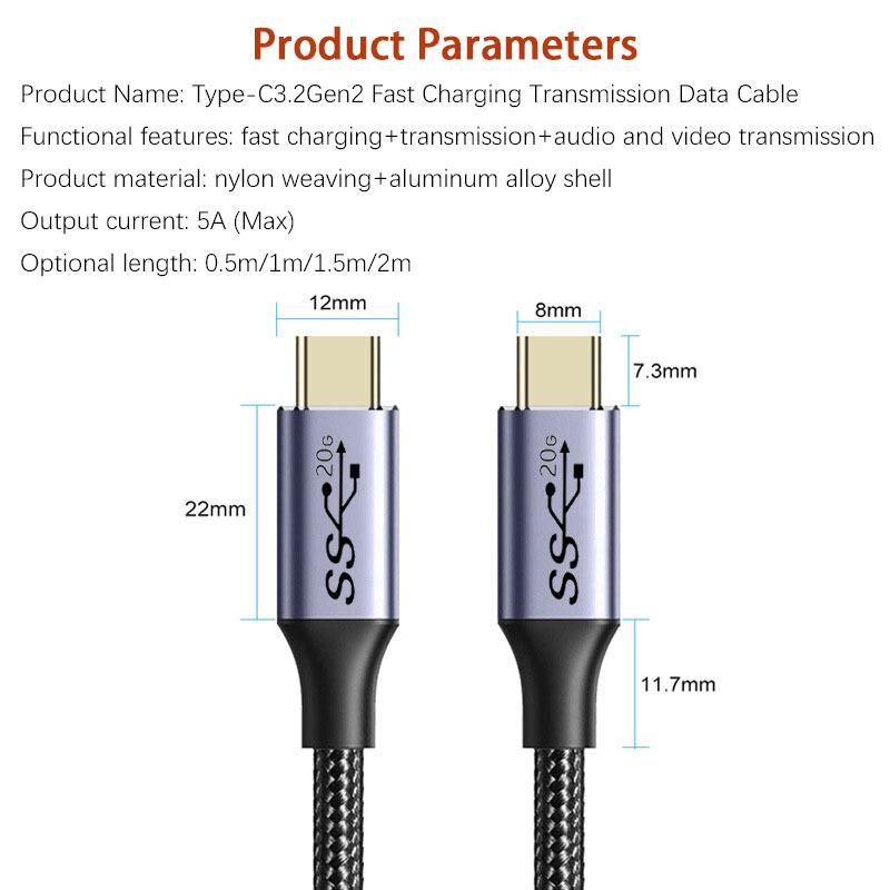 USB 3.2 Type C Extension Cable USB C to Type-c Male TO Female Extender Data Cable 4K PD100W Fast Charging USB-C Charge Cord Wire