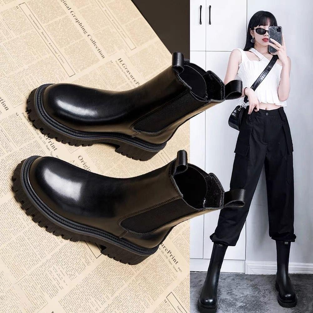 Martin boots women's 2025 new British style spring and autumn single boots medium tube cigarette boots thick sole heightening Chelsea short boots