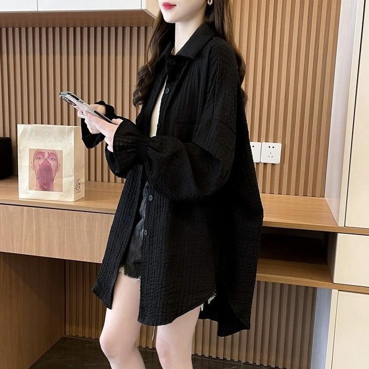 Women Summer Mid Shirts Long Sleeve Korean Loose White Black Shirt Spring Tops